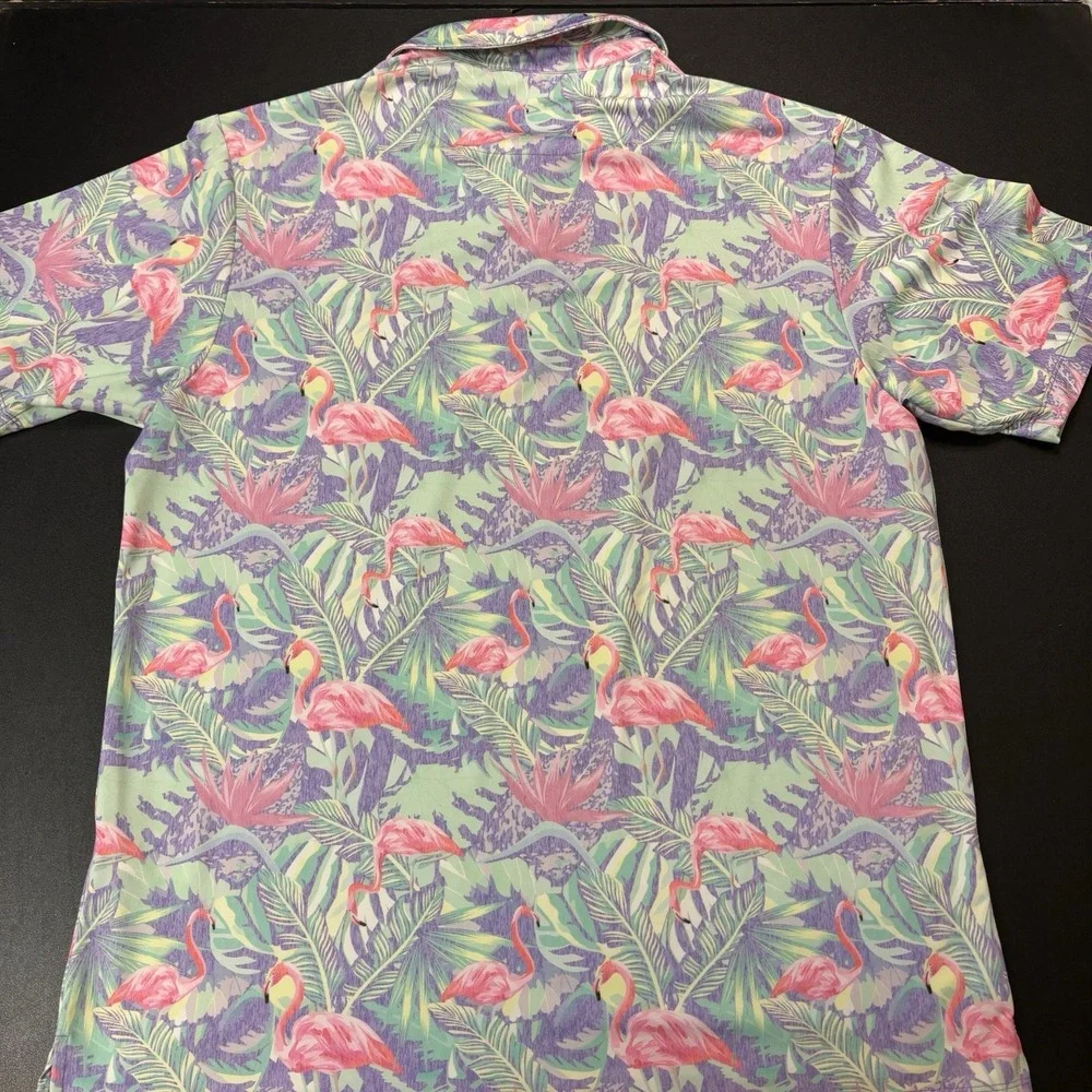 Bad Birdie Performance Polo Shirt‎ Men's XL Flamingo All Over Print Floral Golf